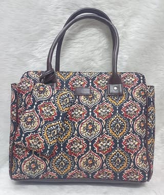 Multicolour Cotton Azrak Print Jute Tote Bag with Complimentary Pouch