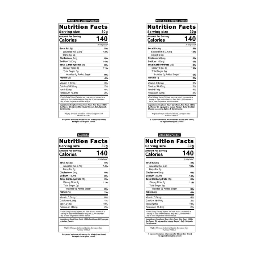 Healthy Master Millet Balls Combo 100g (25g each) (Cheddar Cheese, Cheesy Organo, Ragi, Peri Peri) view 3