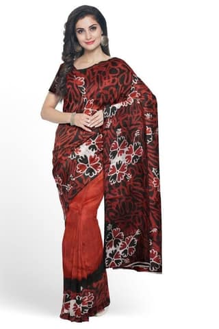 Red Mulberry Silk Hand-painted Batik Saree