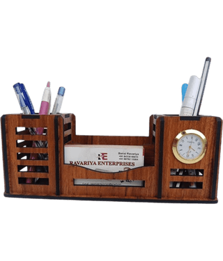 Big BOSS Enterprises 4 Compartment Pen Stand Holder With Watch Multipurpose Wooden Desk Organizer Standing Mobile Stand and Pen Pencil Holder