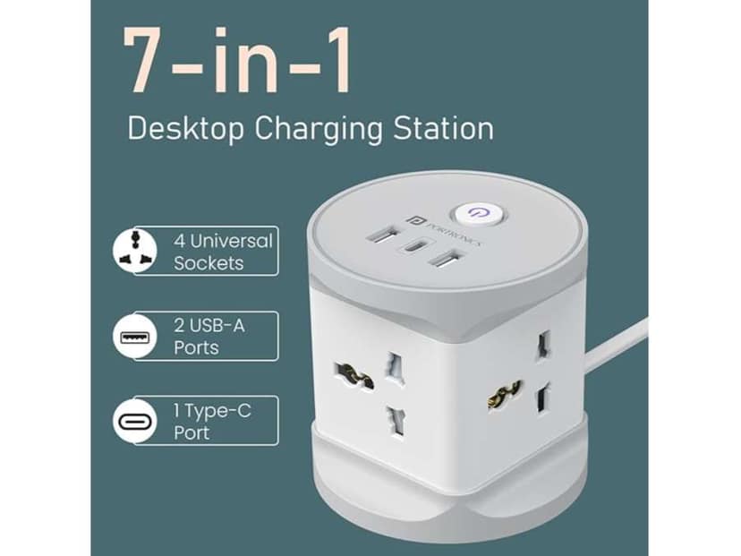 Portronics Power Plate 9 Pro 7-in-1 Power Extender, 4x Universal Sockets, 2x USB-A, Type-C Port, 2M Cord, Space-Saving with ON/OFF Switch view 2