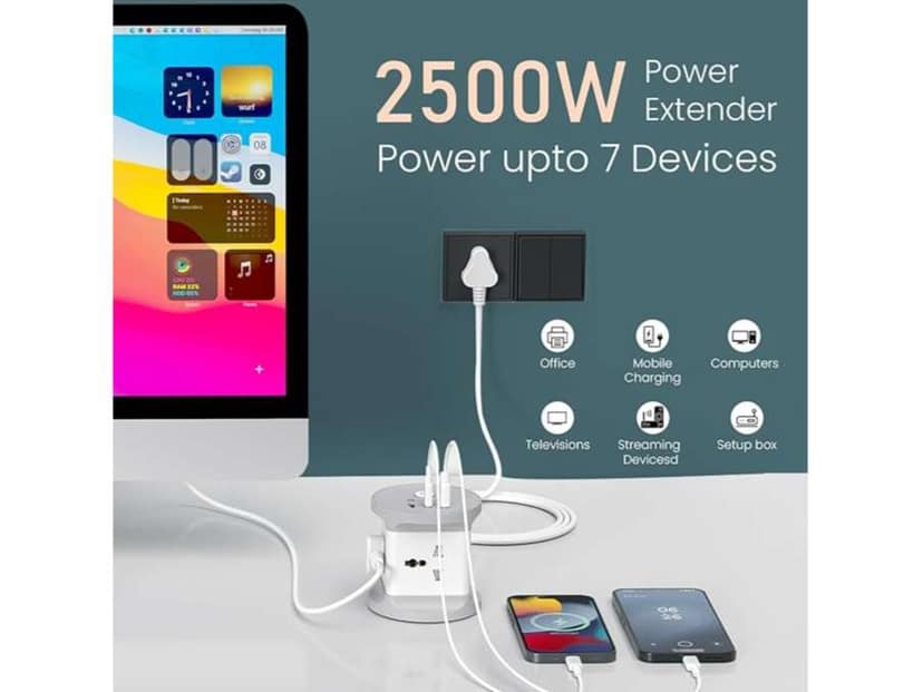 Portronics Power Plate 9 Pro 7-in-1 Power Extender, 4x Universal Sockets, 2x USB-A, Type-C Port, 2M Cord, Space-Saving with ON/OFF Switch view 3