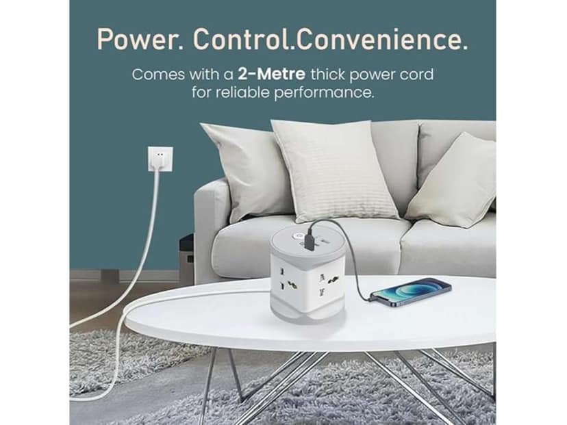 Portronics Power Plate 9 Pro 7-in-1 Power Extender, 4x Universal Sockets, 2x USB-A, Type-C Port, 2M Cord, Space-Saving with ON/OFF Switch view 4