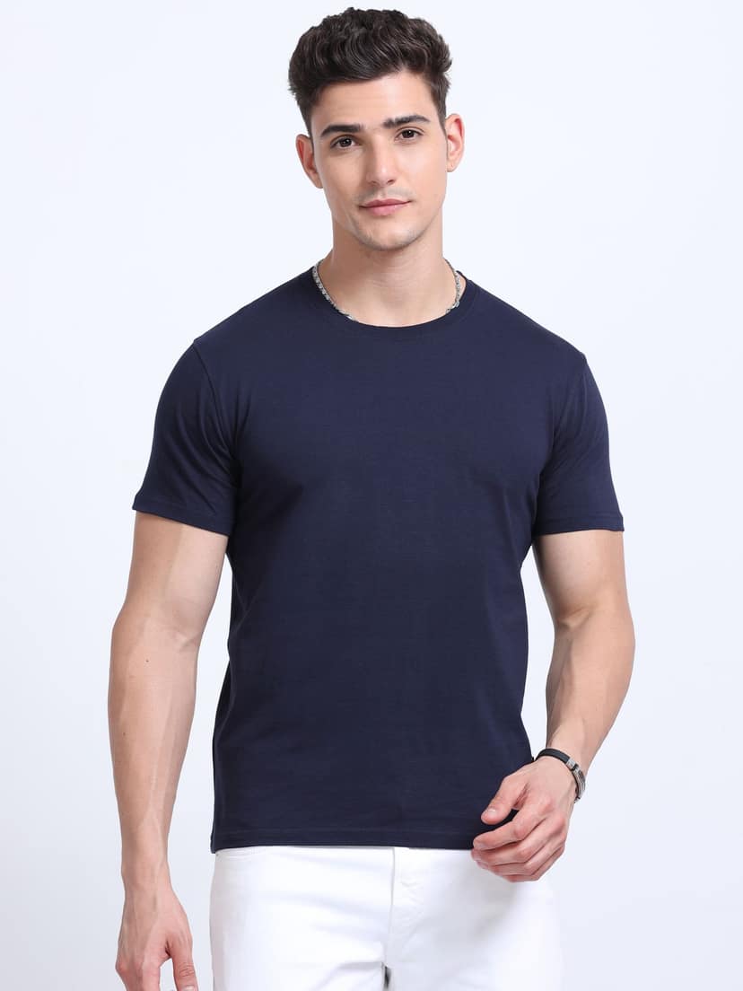 Cotton T-Shirt | Ultrafine Single Jersey | 180 GSM | Biowashed | Eco-Friendly | 100% cotton | Plain tshirt | Navy Blue Colour | Size - M (40 Chest / 27 length ) view 2