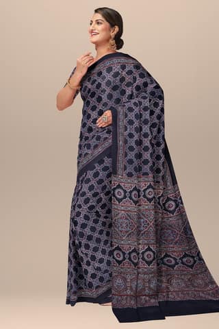 Black Ajrakh Hand Block Printed Modal Silk Saree with Floral and Geometrical Print SKU-BS10074