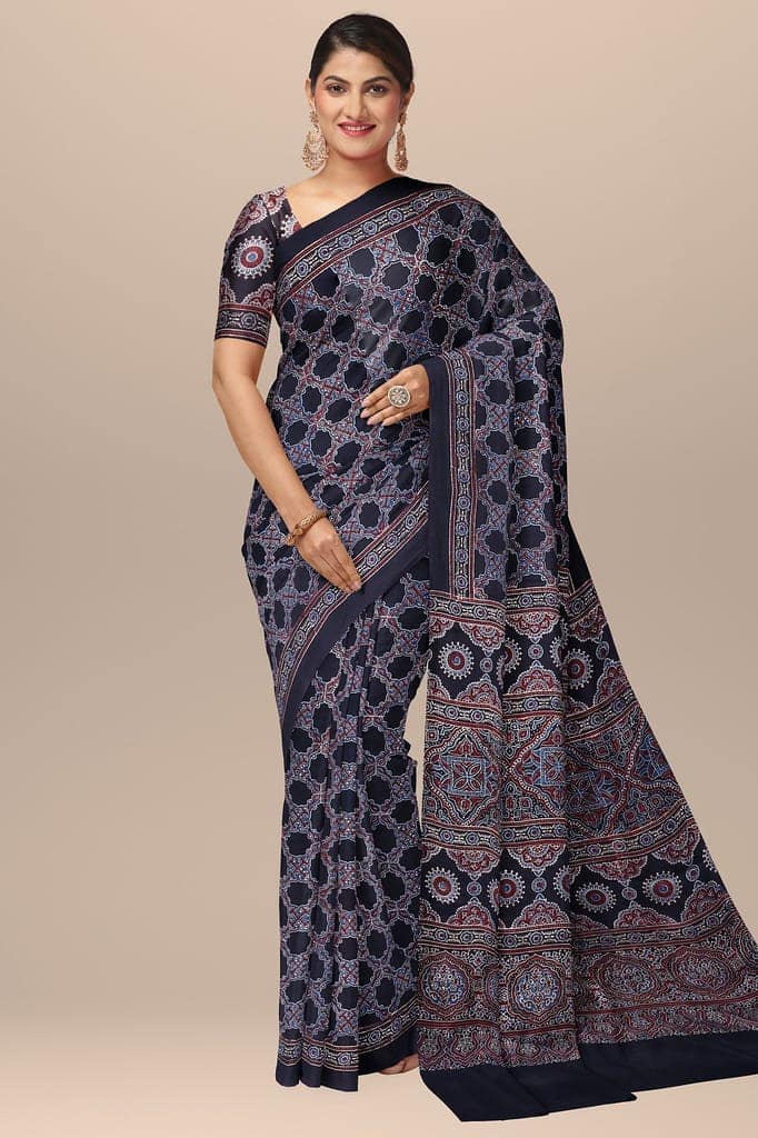 Black Ajrakh Hand Block Printed Modal Silk Saree with Floral and Geometrical Print SKU-BS10074 view 2