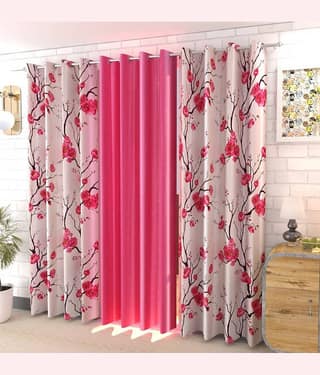 Kraftiq Homes Floral Semi-Transparent Eyelet Curtain 9 ft ( Pack of 3 ) - Pink