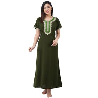 KOI SLEEPWEAR Premium Women White Contrast Embroidery Night Gown Lizzybizzy Cotton Nighty Maxi (Large, Olive Green)
