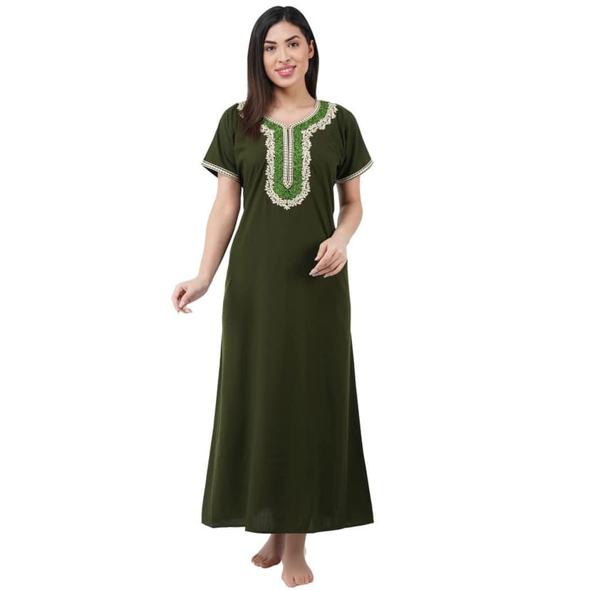KOI SLEEPWEAR Premium Women White Contrast Embroidery Night Gown Lizzybizzy Cotton Nighty Maxi (Large, Olive Green)