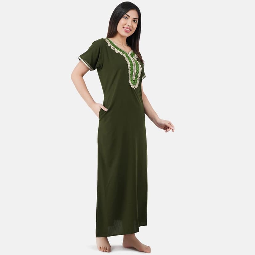 KOI SLEEPWEAR Premium Women White Contrast Embroidery Night Gown Lizzybizzy Cotton Nighty Maxi (Large, Olive Green) view 3