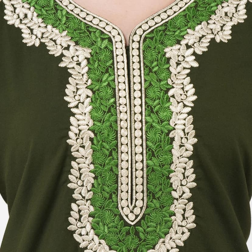 KOI SLEEPWEAR Premium Women White Contrast Embroidery Night Gown Lizzybizzy Cotton Nighty Maxi (Large, Olive Green) view 5