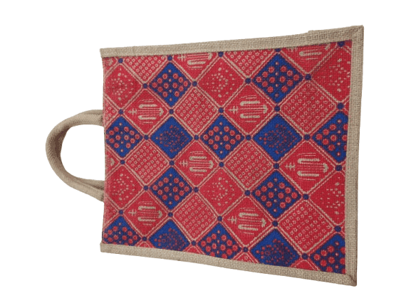 Handcrafted Jute Tote Bag - Red & Blue Geometric Pattern view 3