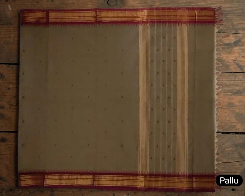Handwoven Kanchipuram Cotton Saree in Khaki Brown with Temple Border view 2