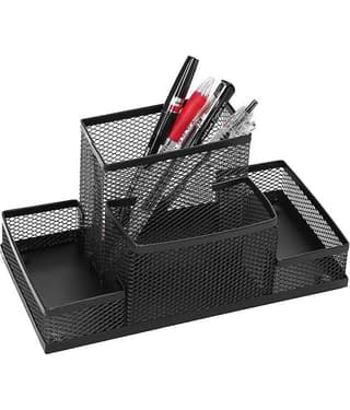 Jellify Pen Holder for Desk Mesh Metal Pencil Holders Pen Cup Marker Holder Desk Caddy with Sticky Notes Holder Pen Organizer for Office Supplies Workspace School Home Black (4 Compartment)
