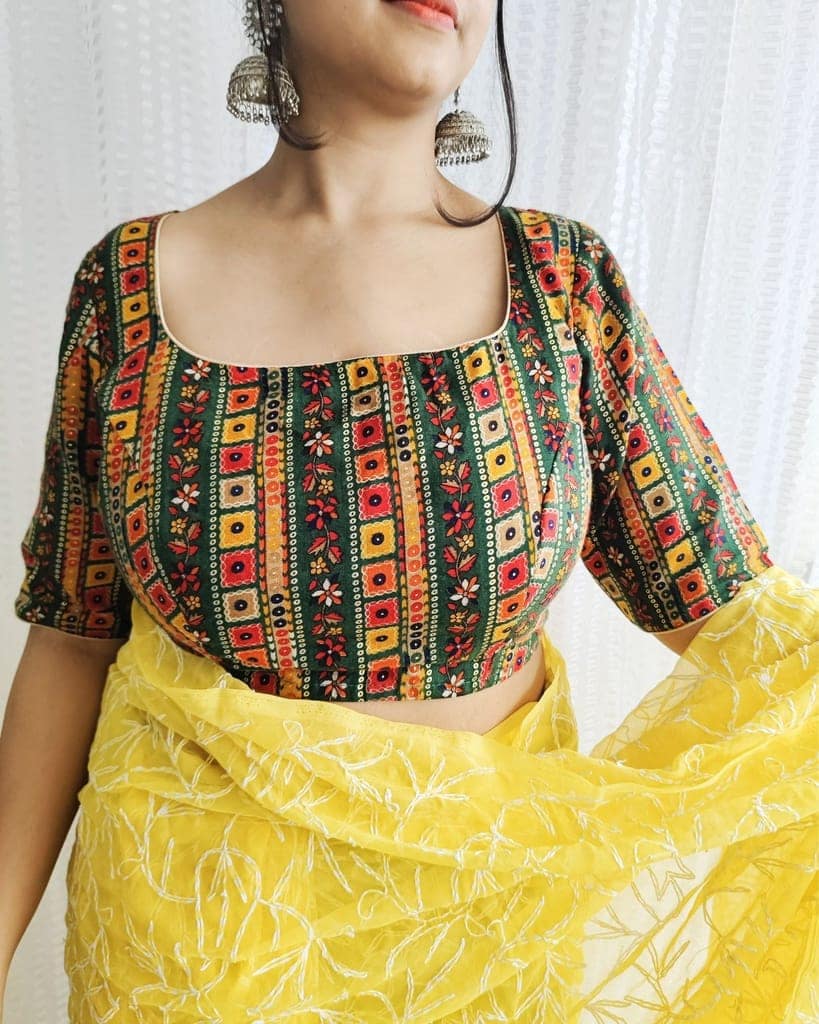 Crepe Silk Stitched Blouse Green Color Floral Printed-2232 view 2