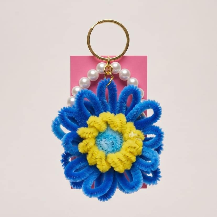 Artistic Pipe Cleaner Flower Keychain with Pearl Accents (Blue)