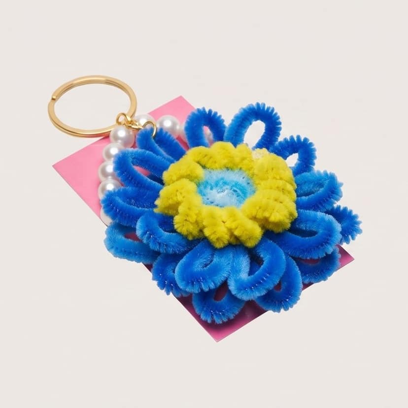 Artistic Pipe Cleaner Flower Keychain with Pearl Accents (Blue) view 3
