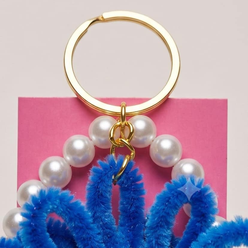 Artistic Pipe Cleaner Flower Keychain with Pearl Accents (Blue) view 4