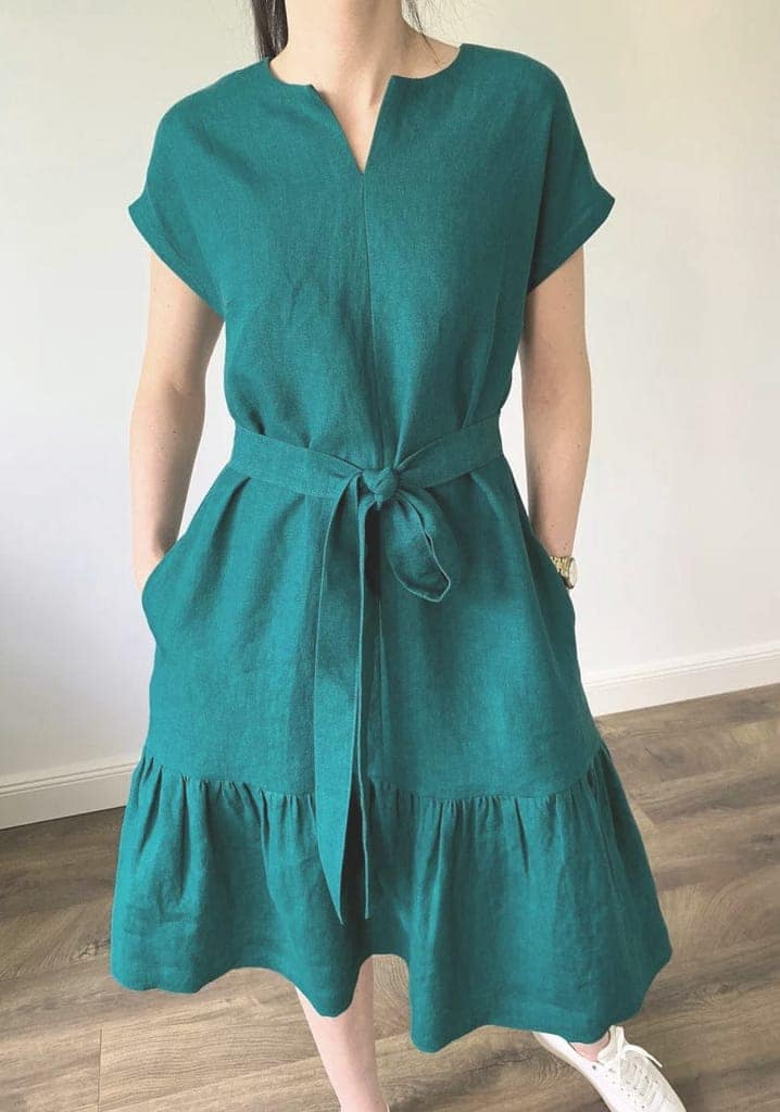 Viridian Green Loose Fit Midi Dress with Belt and Pockets view 2