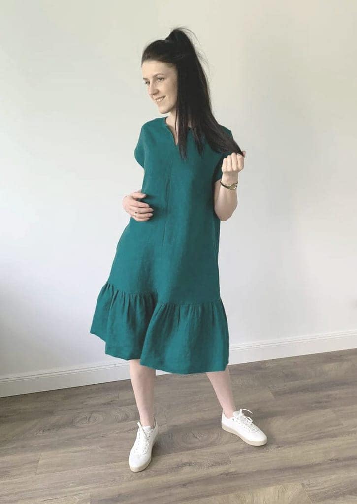 Viridian Green Loose Fit Midi Dress with Belt and Pockets view 4
