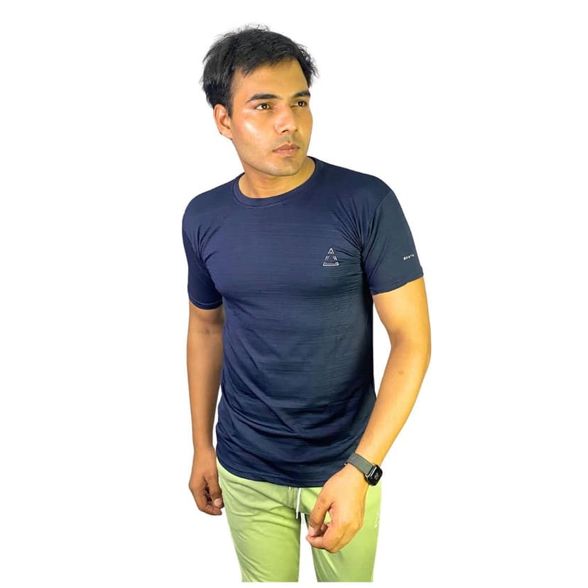 Wruxing Solid Men Round Neck Navy Blue T-Shirt