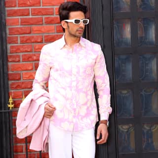 Hibiscus Carnation Pink Casual Pure Linen Full Shirt (Size - S) by BLUE EAGLE