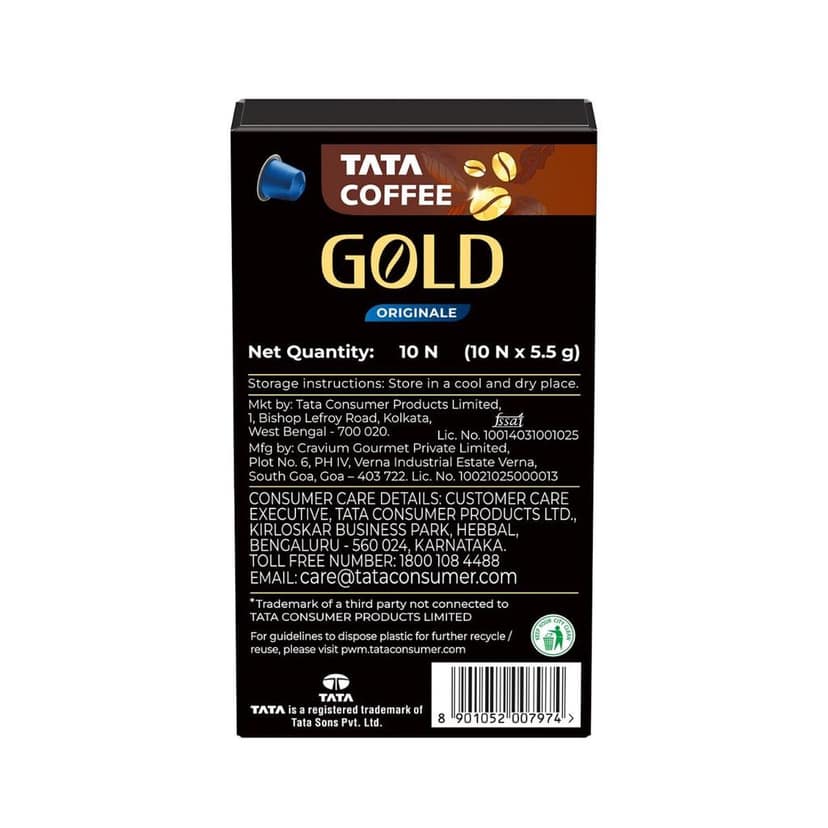 Tata Coffee Gold Coffee Capsules, Intensity- 6 | Tasting notes: Chocolaty, Nutty & Citrusy | 100% Arabica Coffee | Nespresso Compatible Coffee Pods, 10 Aluminium Capsules, 55 g view 4