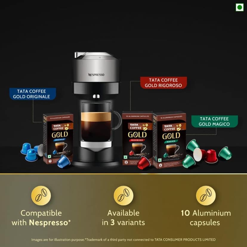 Tata Coffee Gold Coffee Capsules, Intensity- 6 | Tasting notes: Chocolaty, Nutty & Citrusy | 100% Arabica Coffee | Nespresso Compatible Coffee Pods, 10 Aluminium Capsules, 55 g view 5