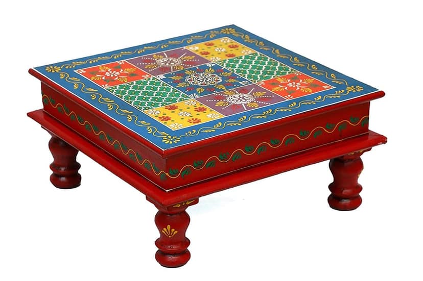 Home Design Wooden Pooja Chowki, Handmade Embossed Painting Chowki, Handcrafted Bajot, Pooja Stool, Wooden Handmade Bajot, Indian Handicraft Decor Art (12 x 12 x 6 INCHES) (ME74) view 2