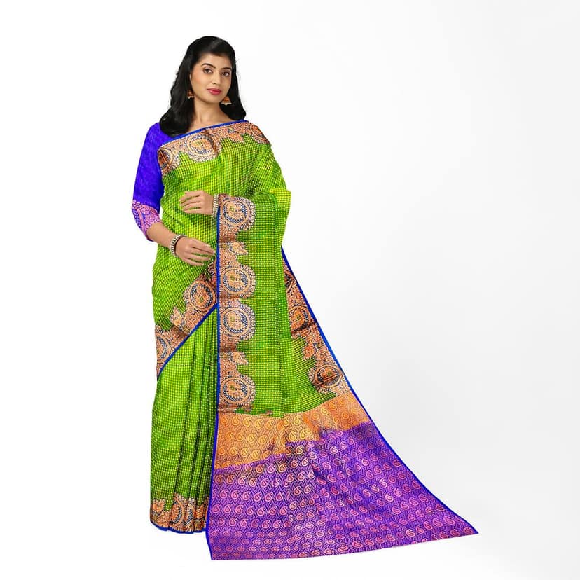 Green and Purple semi Silk Saree With Blouse Piece view 10