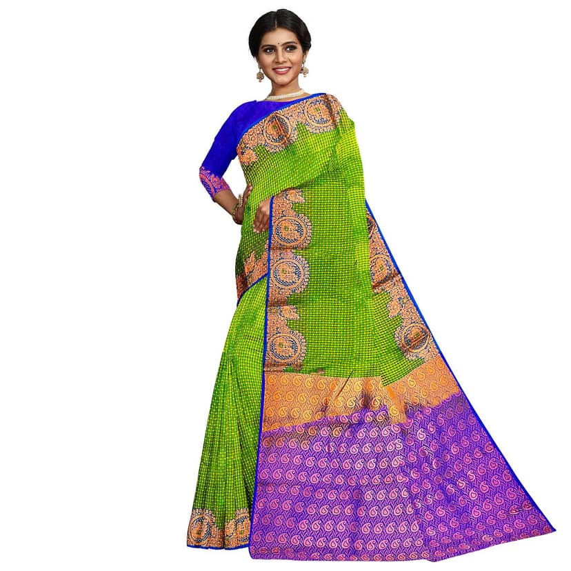 Green and Purple semi Silk Saree With Blouse Piece view 2
