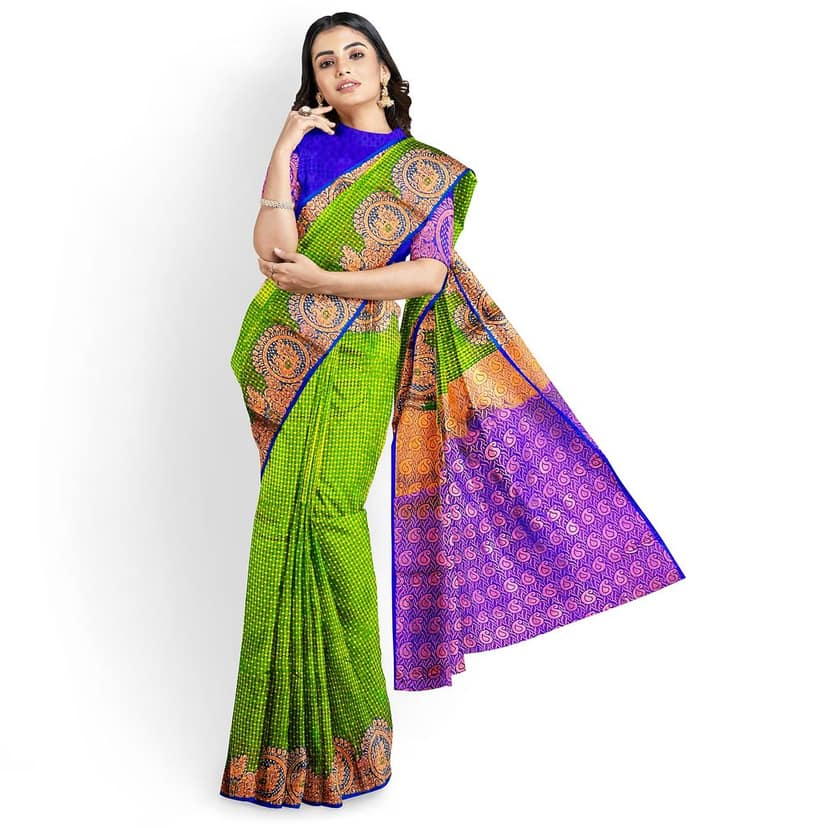 Green and Purple semi Silk Saree With Blouse Piece view 3