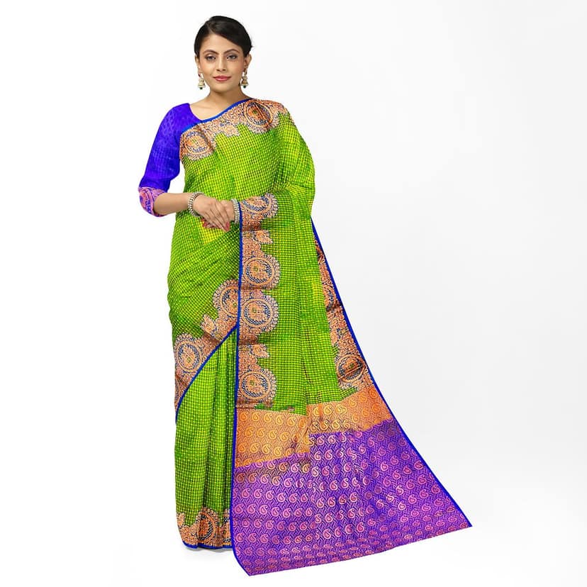 Green and Purple semi Silk Saree With Blouse Piece view 4