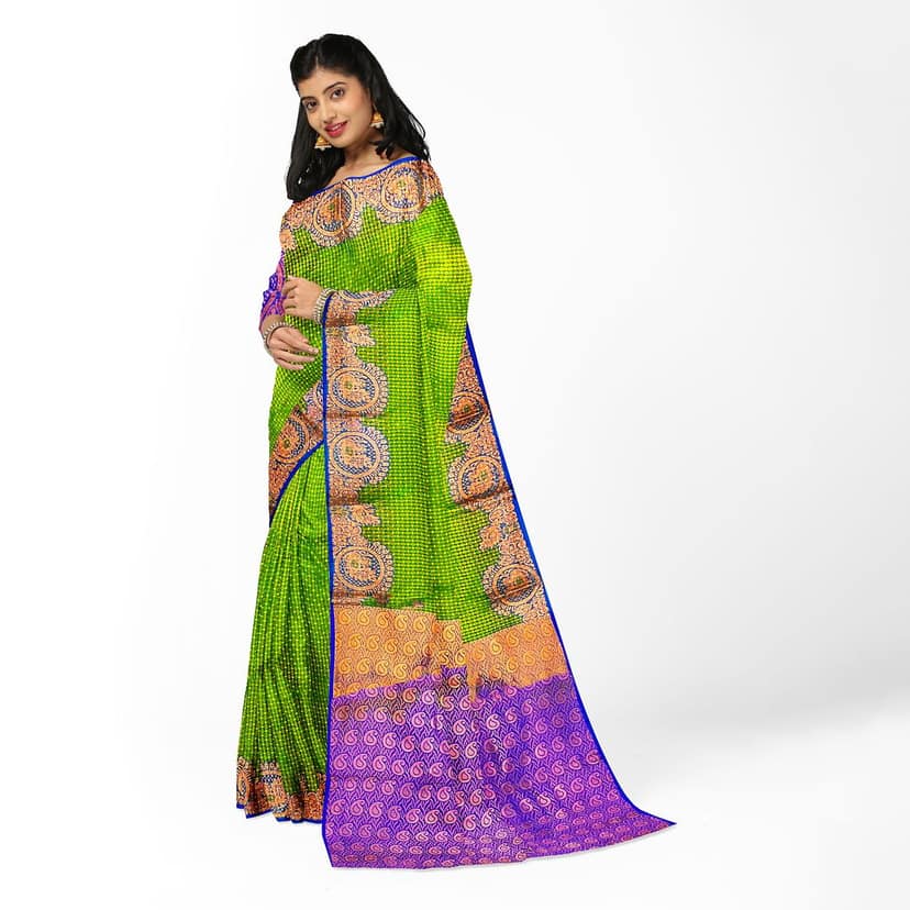 Green and Purple semi Silk Saree With Blouse Piece view 5
