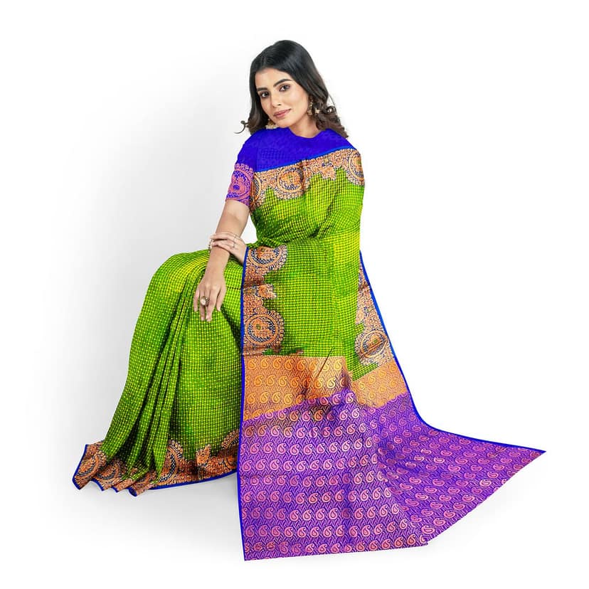 Green and Purple semi Silk Saree With Blouse Piece view 7