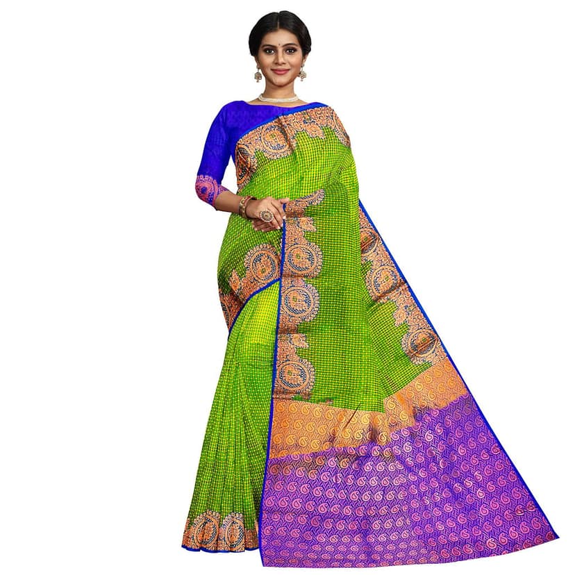 Green and Purple semi Silk Saree With Blouse Piece view 8