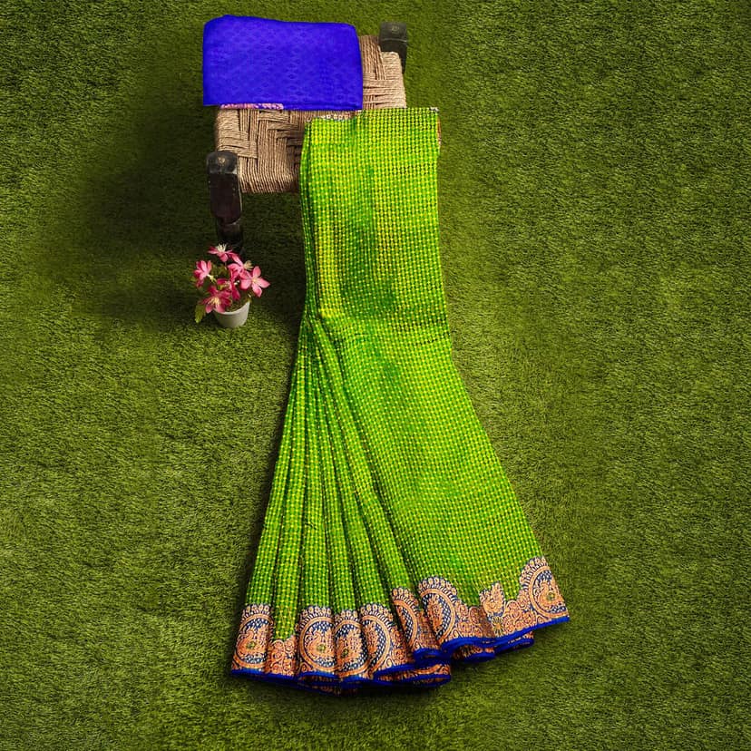 Green and Purple semi Silk Saree With Blouse Piece view 9