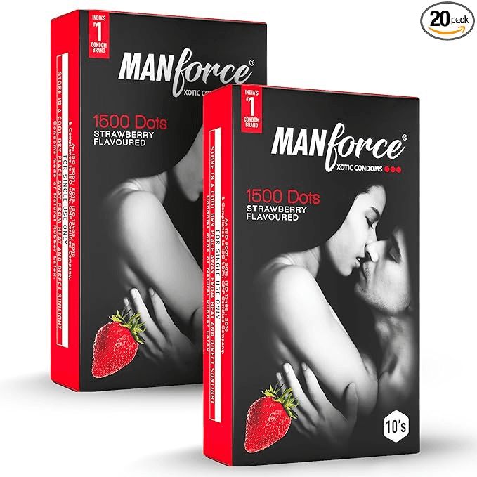 MANFORCE 3 in 1 Wild Ribbed Contour Dotted Strawberry Flavor Condoms - 10 Pieces x Pack of 2 Condom (Set of 2 20 Sheets)
