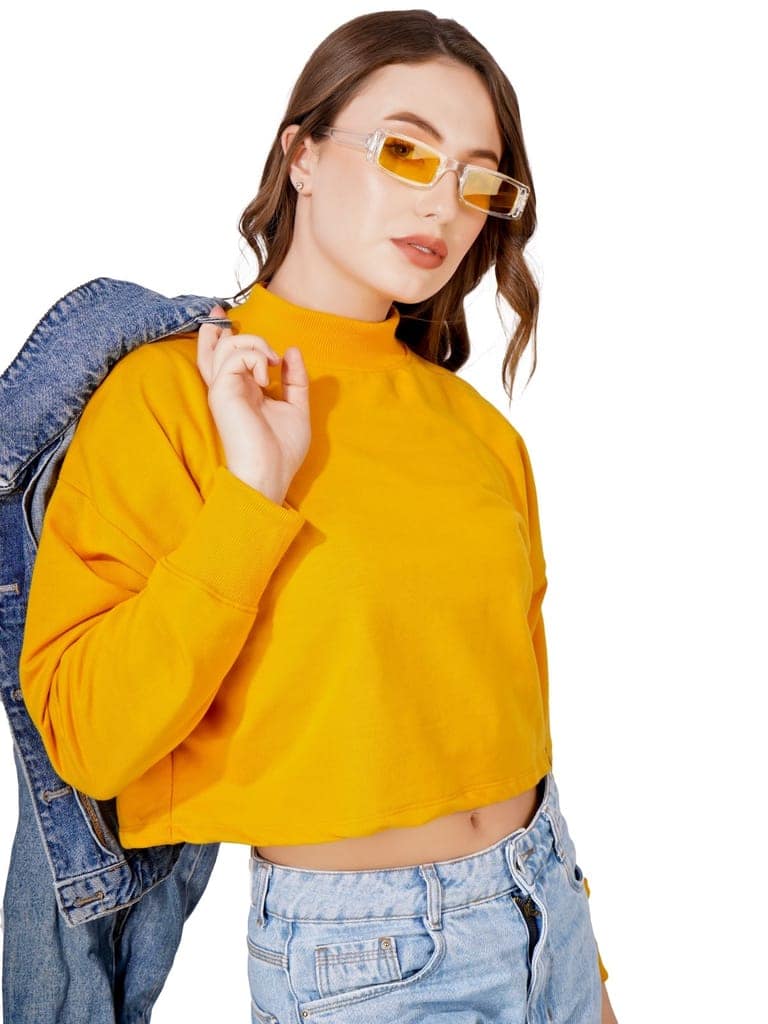 Women Full Sleeve Solid Sweatshirt (Mustard) view 5