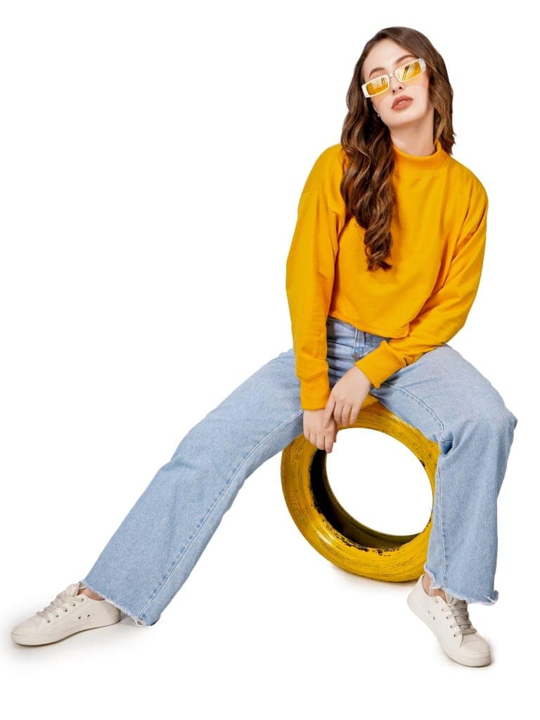 Women Full Sleeve Solid Sweatshirt (Mustard) view 8