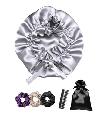 Atrube Reversible Satin Silk Bonnet for Women with Adjustable Tie | Sleep Cap for Curly Hair | Hair Wrap & Night Hair Cover with 3 Premium Scrunchies (silver) Atrube Reversible Satin Silk Bonnet for Women with Adjustable Tie | Sleep Cap for Curly Hair |