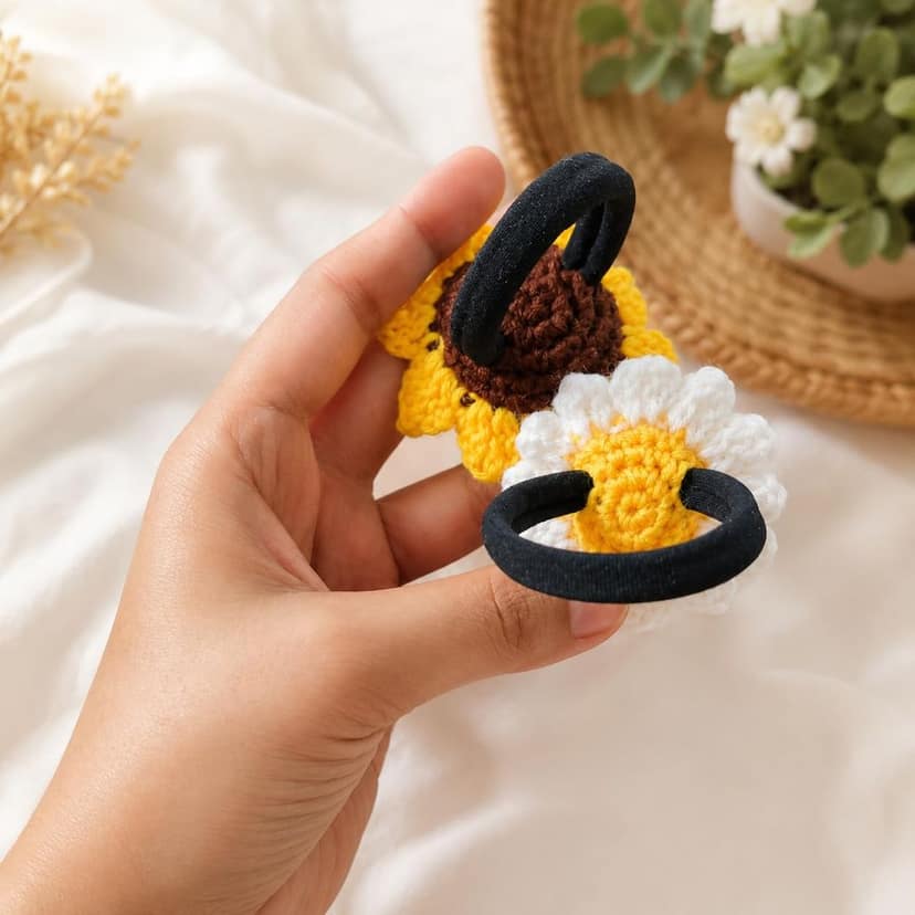 Rareity Aromatic Handmade Crochet Hair Ties | Scented Sunflower & Daisy Flower Hair Bands | Elastic Ponytail Holders for Women, Girls & Kids | Knitted Floral Hair Accessories | Pack of 2 view 3