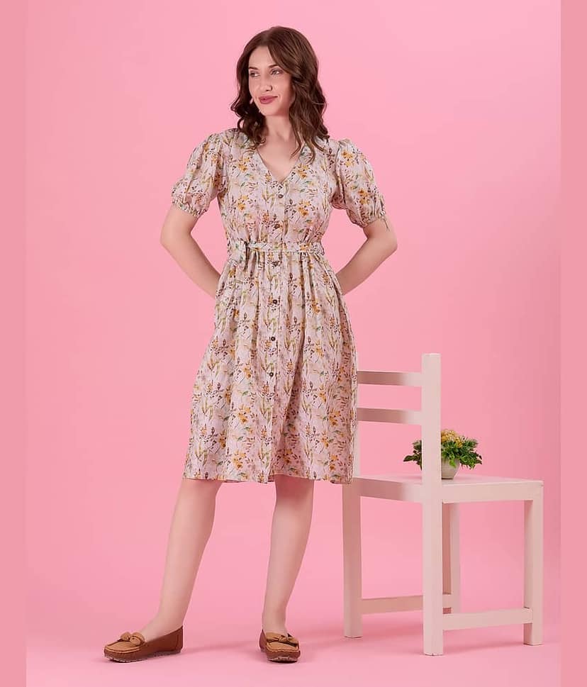 Amarasha Women Cotton Blend Printed Fit & Flare Dress ( Pink )
