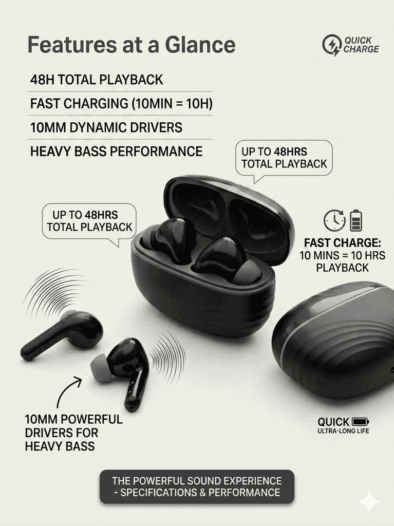 Wireless Bluetooth Earbuds with Fast Pairing, Hi-Fi Stereo Sound, Touch Control, Type-C Charging Case, TWS Earphones for Calling, Gaming & Music view 3
