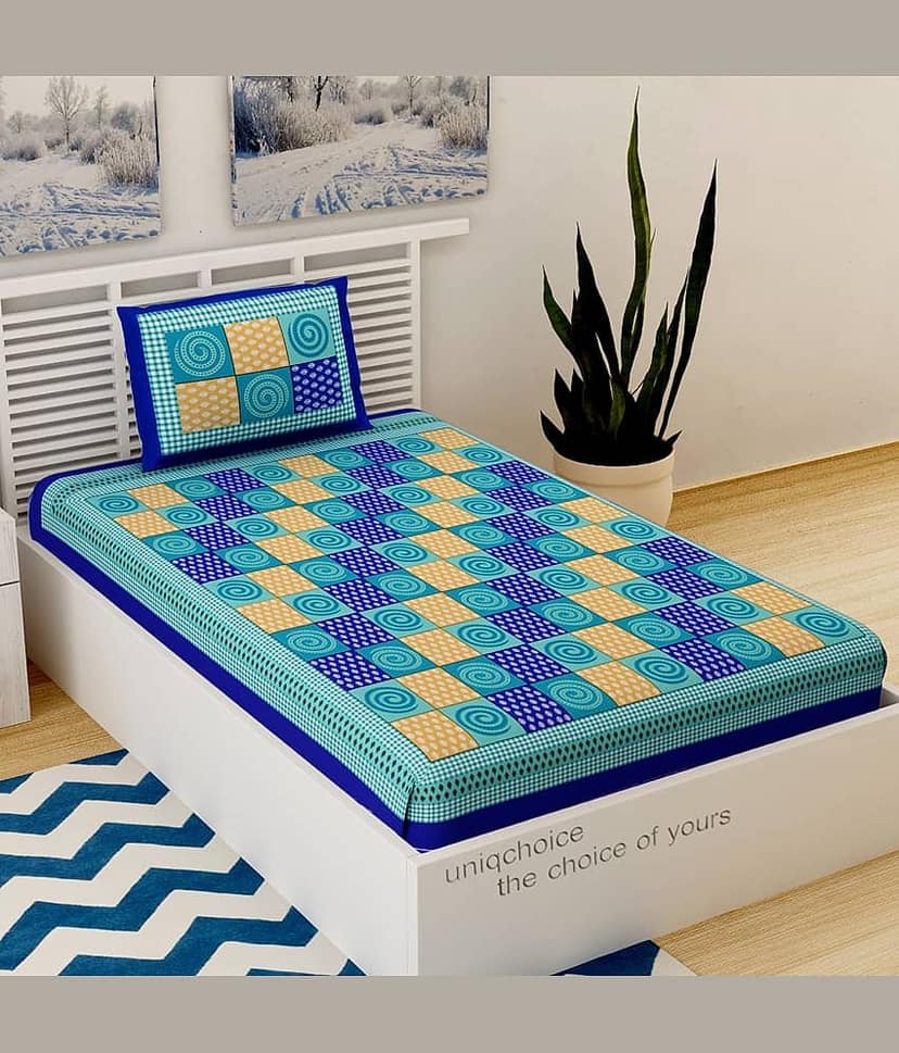 Uniqchoice Cotton 1 Single Bedsheet with 1 Pillow Cover ( Blue )