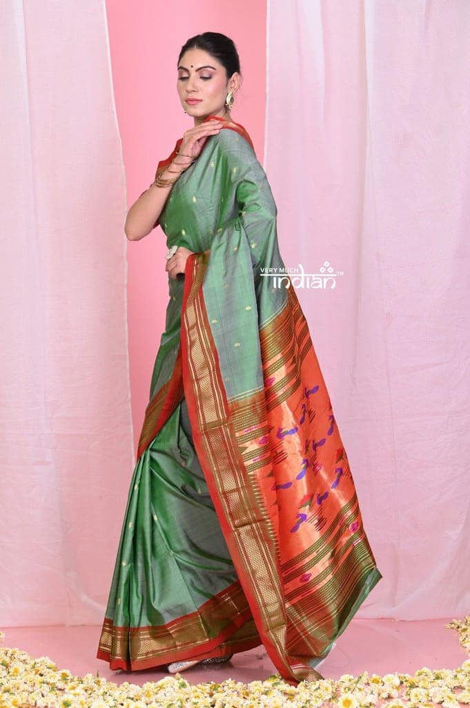 Pehal~Traditional Sage Green Pure Silk Paithani with Red Border & Exclusive Pallu view 2