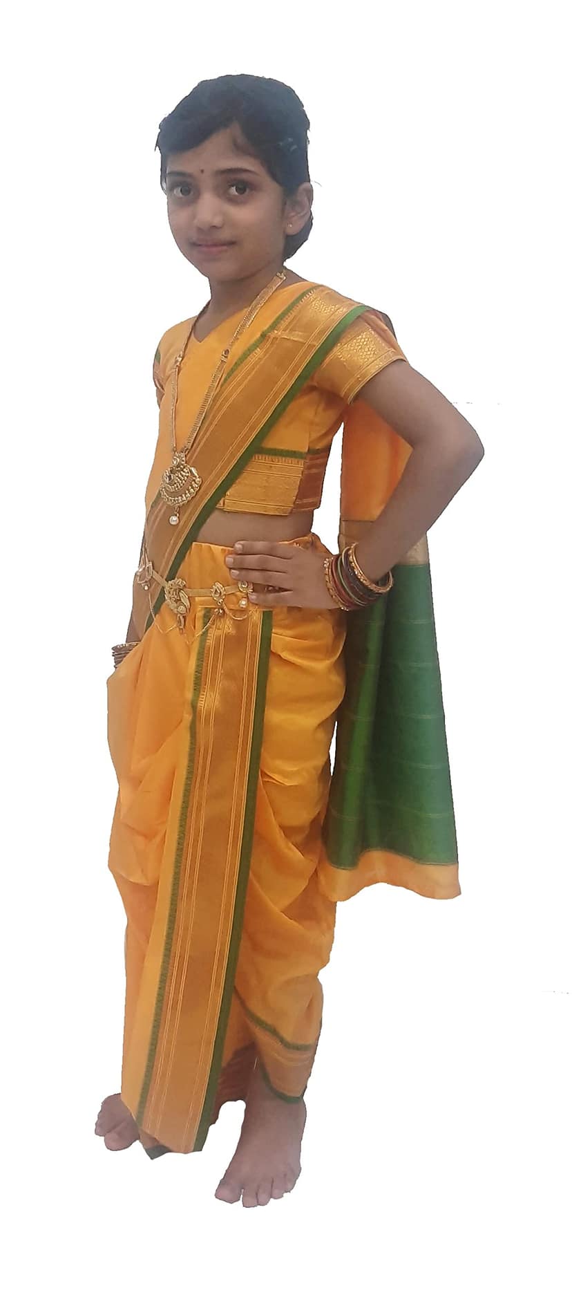 luster Girl's Belgaon Silk Nauwari Saree (Peshwai/Brahmani Style) | Traditional Maharashtrian Saree | Age 2 to 8 Years (Yellow, 6-7 Years) view 2