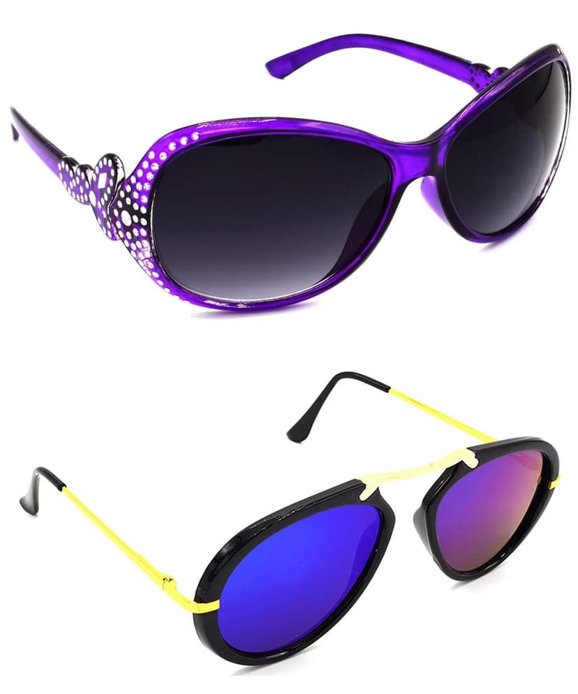 HRINKAR Unisex Round Sunglasses Violet & Golden Frame, Grey & Pink Lens (Medium) - Pack of 2
