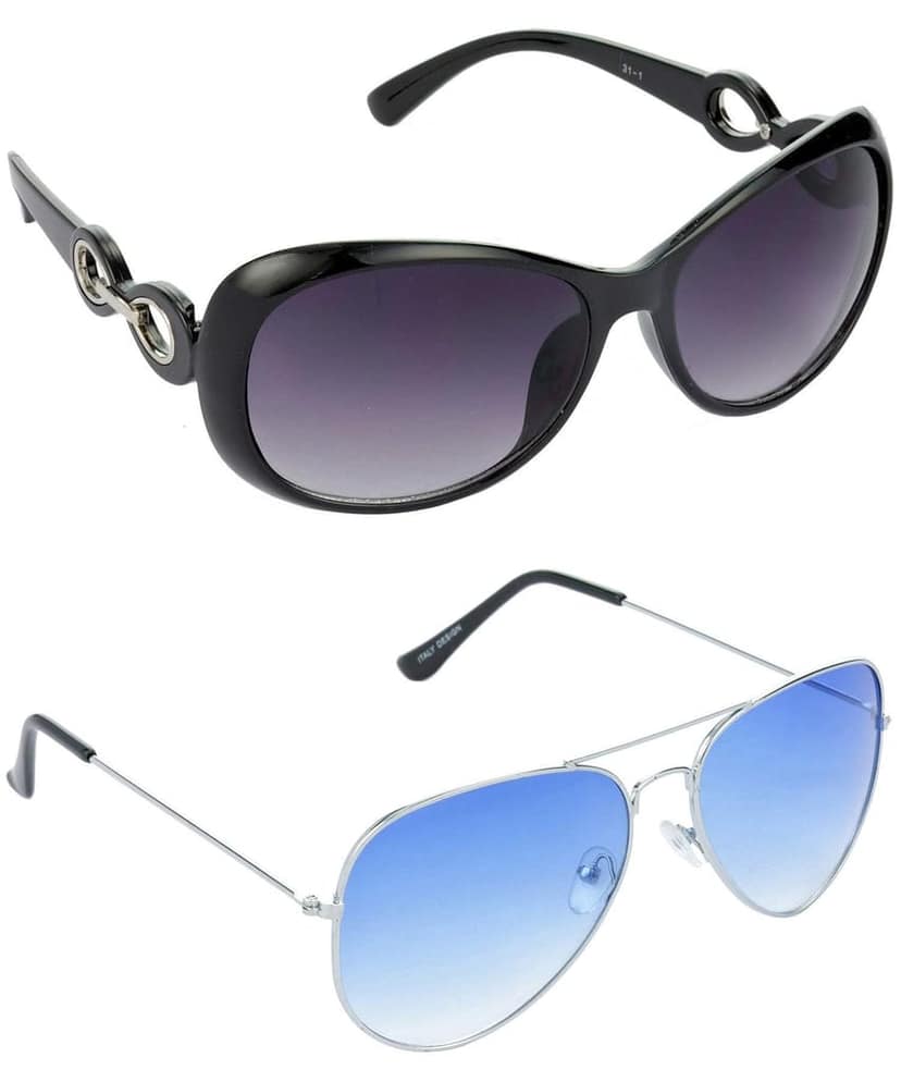 HRINKAR Men Over-sized Sunglasses Black & Silver Frame, Grey & Blue Lens (Medium) - Pack of 2
