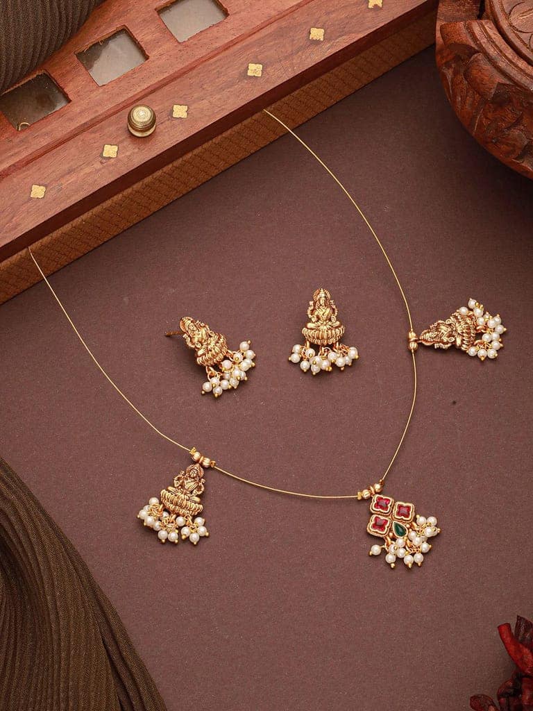 Gold Plated Pearl Beaded Invisible Chain Temple Goddess Lakshmi Motif Pendant Jewellery Set